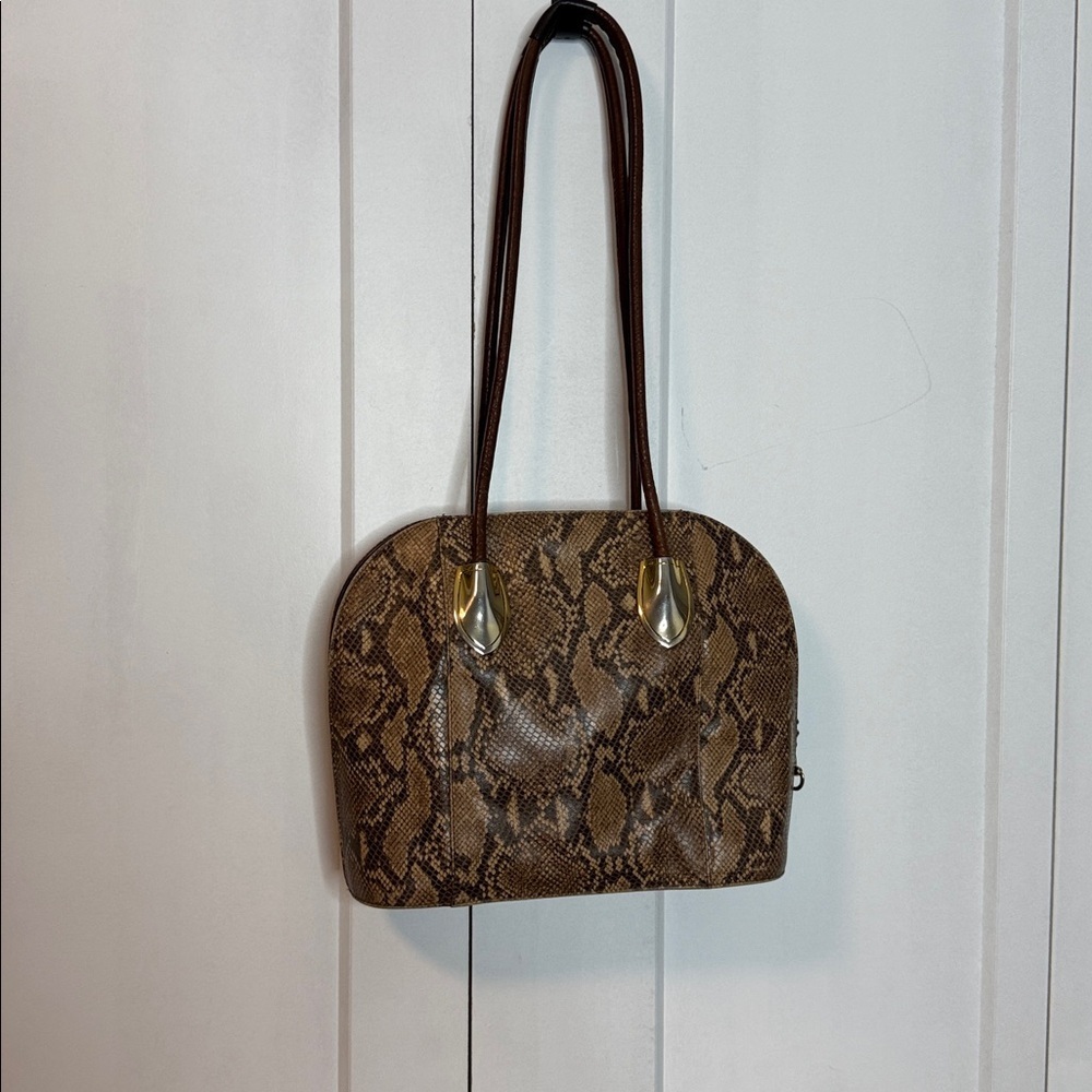 Vintage Due Fratelli Brown Python Snake Print Leather Bag Made in Canada - Picture 4 of 6